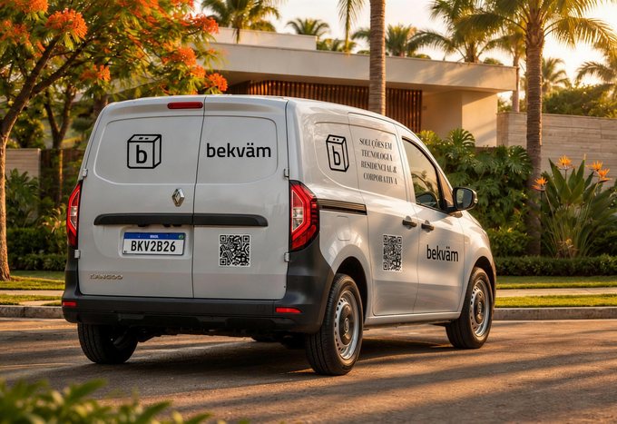 Viatura da Bekväm estacionada diante de uma residência